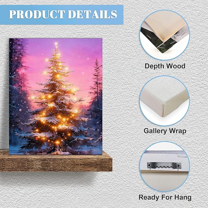 Framed Christmas Pictures Wall Decor,Vintage Pine Tree Prints,Winter Christmas Canvas Wall Art Decoration for Bedroom Bathroom Living Room Rustic Xmas Holiday Gifts (Christmas Tree 18, 16'' X 20'')