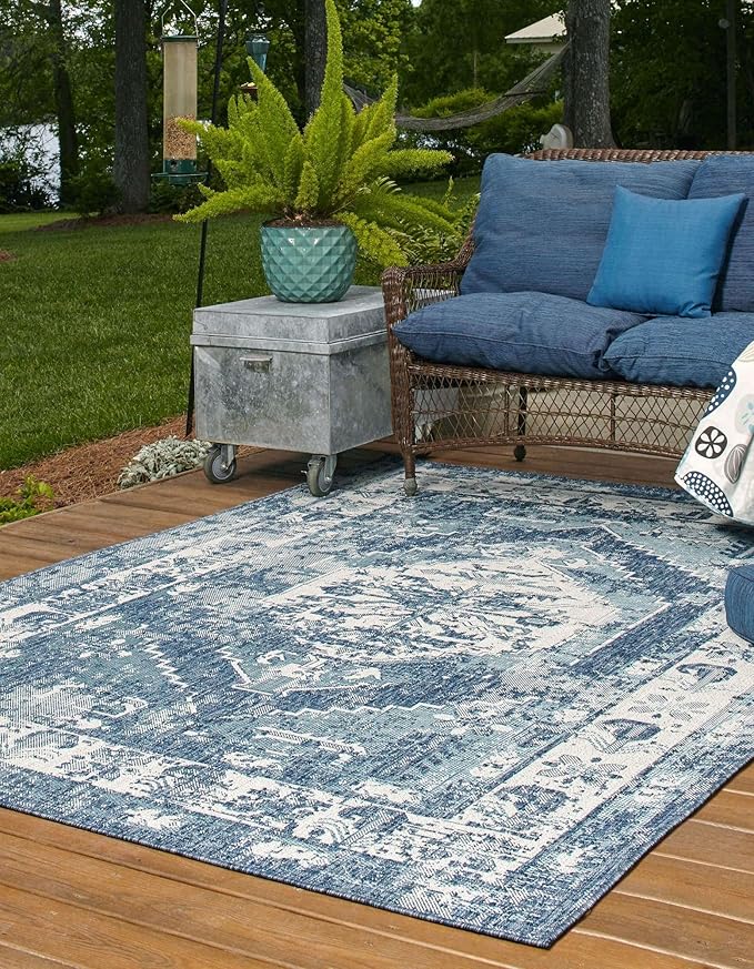 Unique Loom Outdoor Traditional Collection Area Rug - Valeria (7' 1" x 10' Rectangle, Blue/ Ivory)