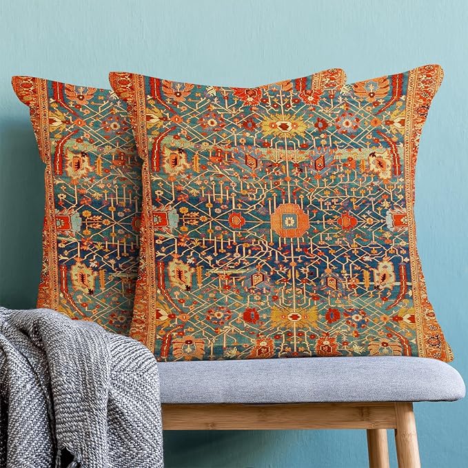Boho Pillow Covers 16x16 Set of 2, Red Bohemian Ethnic Design Decorative Throw Pillow Covers Farmhouse Cushion Pillow Covers for Sofa Couch Outdoor