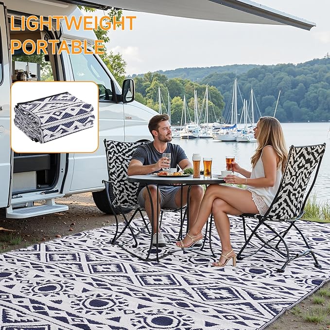 Outdoor Rug Waterproof 5x8 ft, Reversible Outdoor Plastic Straw Rug Patio Rug, RV Rugs for Outside, Outdoor Carpet for Patio Camping Deck Balcony Backyard, Blue & White
