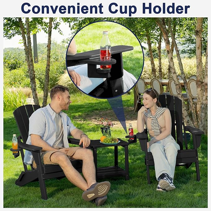 Plawdlik Folding Adirondack Chair Set of 4, Cup Holder，Wooden Textured ，Heavy All-Weather HDPE Comfortable Set Poolside Backyard Lawn Black
