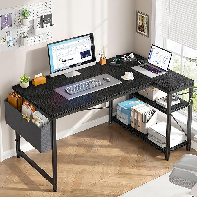 EnHomee 48 Inch L Shaped Gaming Desk, Computer Desk with Storage Shelves & Side Bag, Office Desk with Power Outlets, Small Corner Desk for Small Space Home Office Bedroom, Study Writing Table, Black