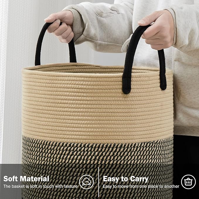 Woven Rope Laundry Hamper Basket, 72L Tall Luandry Basket, Baby Nursery Hamper for Blanket Storage, Clothes Hamper for Laundry in Bedroom-Large-Black & Brown