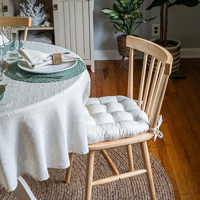 Barnett Home Decor Basketweave Natural Dining Chair Pad with Ties - 15 x 17 Size Small Chair Cushion - Latex Foam Fill - 100% Cotton, Made in USA - Machine Washable, Reversible