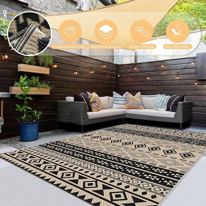 Wallona Outdoor Rugs 5x8 ft Patio Waterproof Clearance Indoor Outdoor Carpet for Patio Plastic Straw Reversible Area Rugs Mat for RV, Camping, Balcony, Beach, Picnic, Porch, Boho Black & Beige