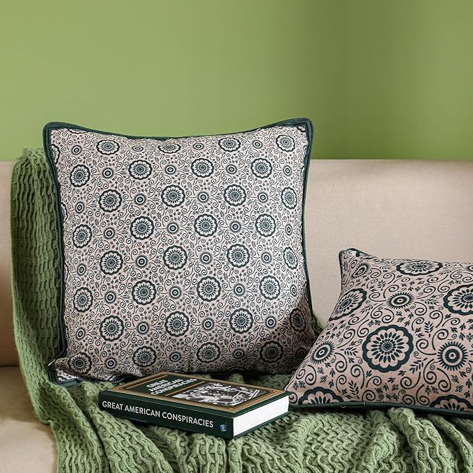 patdrea Designer Throw Pillow Covers,Square Green Vintage Rustic Linen with Abstract Geometric Floral Pattern Pillow Cover,Decorative Pillowcases Cushion for Bed Living Room