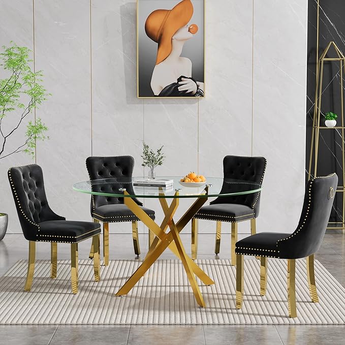 Goujxcy 5 Piece Round Glass Dining Table Set for 4, 47" Round Dining Table & Chair Set Modern Circle Glass Kitchen Table and 4 Velvet Upholstered Chairs for Kitchen Dining (Gold Table & Black Chair)