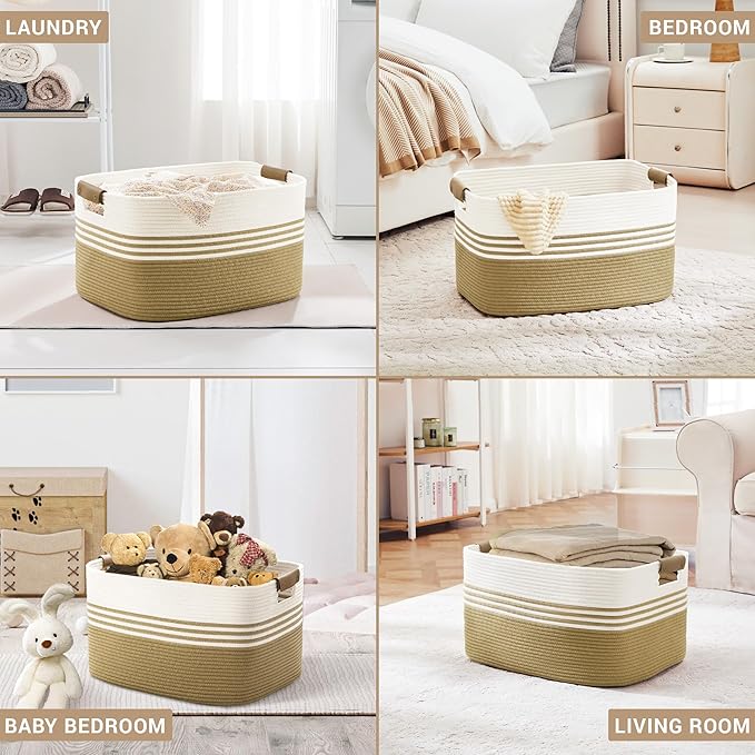 Laundry basket with leather handles for clothes,blankets,pillows,toys,towels,suitable for bedrooms and living rooms,cotton woven laundry hamper,extra large gift basket,22"x17"x12",Khaki