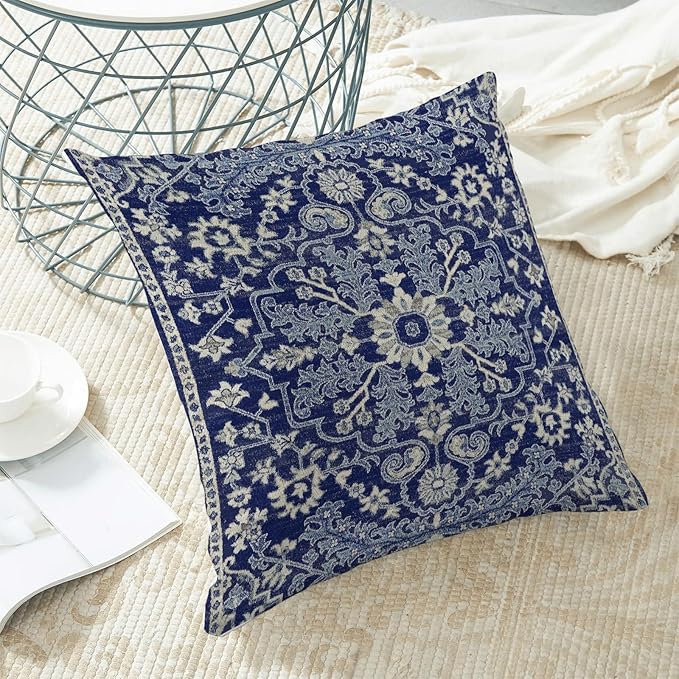 Navy Blue White Boho Pillow Covers 20x20 Set of 2, Carpet Design Decorative Boho Throw Pillows Linen Farmhouse Bohemian Cushion Pillow Covers for Sofa Couch Outdoor Decor