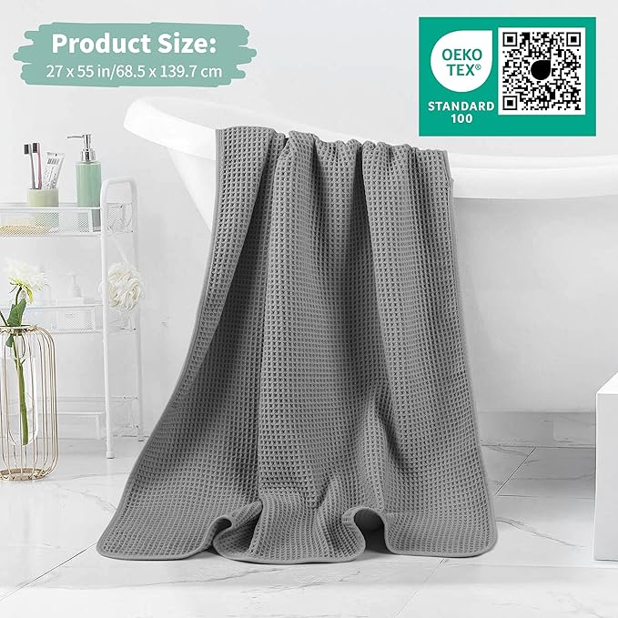Microfiber Waffle Bath Towels, 4 Pieces, Soft, Absorbent, Fast Drying, Lint Free (Silver)