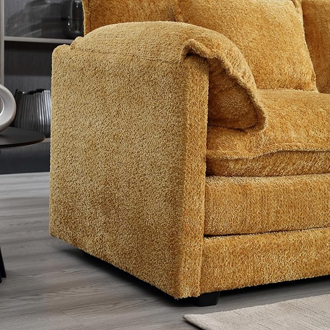 KEIKI 112" L-Shaped Chenille Modular Sectional Chenille Sofa with 1 Movable Ottoman & Memory Foam Cushion, Upholstered Oversized 4-Seater Couch, Easy Assembly, for Apartment, Living Room, Yellow