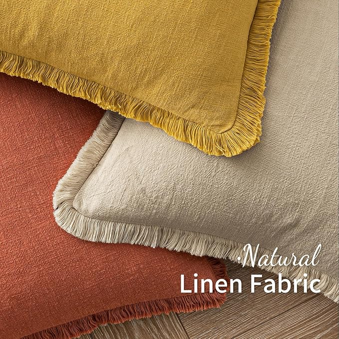 MIULEE Fall Decorative Throw Pillow Covers Neutral Linen Fringe Throw Pillows Set of 2 Burnt Orange Boho Farmhouse Cushion Covers with Tassels for Couch Sofa Bed Living Room Home Decor 20x20 Inch