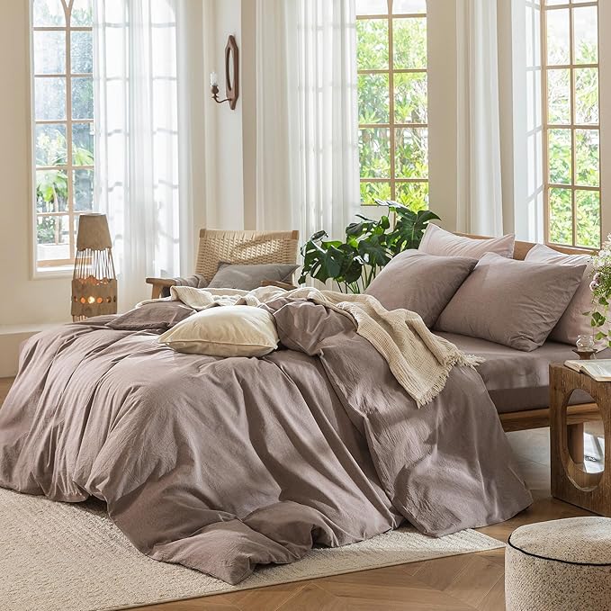 MooMee Bedding Duvet Cover Set 100% Washed Cotton Linen Like Textured Breathable Durable Soft Comfy (Heathered Mauve Brown, Super Queen 90"x98")