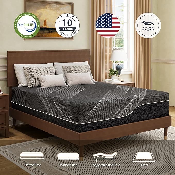 Full Mattress 14 Inch Charcoal Gel Memory Foam in a Box, CertiPUR-US Certified, Fiberglass Free, Cooling Double Mattress, Made in The USA of US Foam, 75" × 54" × 14", Medium