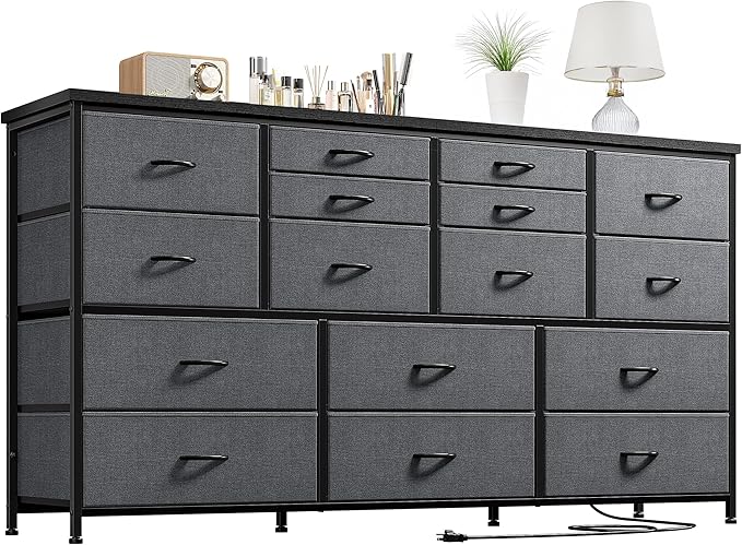 EnHomee Dressser for Bedroom Dresser with 16 Drawers TV Stand for Bedroom for 60" TV Long Dressers & Chests of Drawers Large Dresser with Charging Station, 51.5" W*11.7" D*34.6" H, Grey