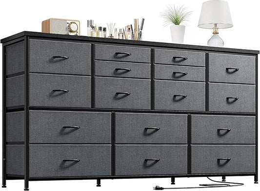 EnHomee Dressser for Bedroom Dresser with 16 Drawers TV Stand for Bedroom for 60" TV Long Dressers & Chests of Drawers Large Dresser with Charging Station, 51.5" W*11.7" D*34.6" H, Grey