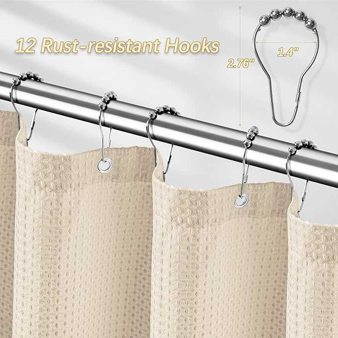 Beige Fabric Shower Curtain - Waffle Textured Heavy Duty Shower Curtains for Bathroom, 256GSM Hotel Spa Luxury Weighted Bath Curtain with 12 Hooks, 72x80, Beige