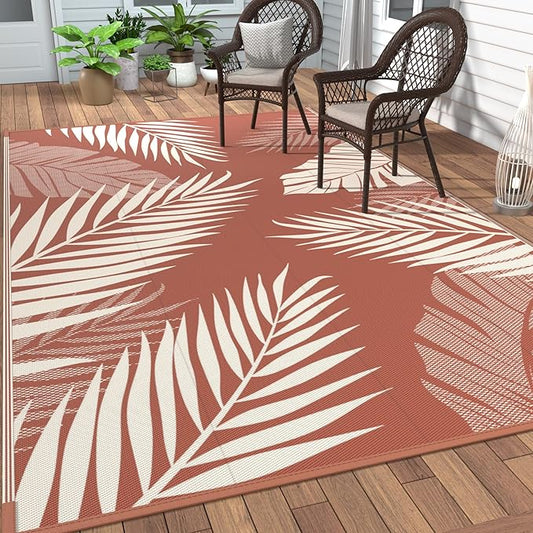 GENIMO Outdoor Rug 5' x 8' Waterproof for Patios Clearance, Reversible Plastic Straw Camping Carpet, Large Area Rugs Mats for RV, Picnic, Backyard, Deck, Balcony, Porch, Beach, Brick&Red