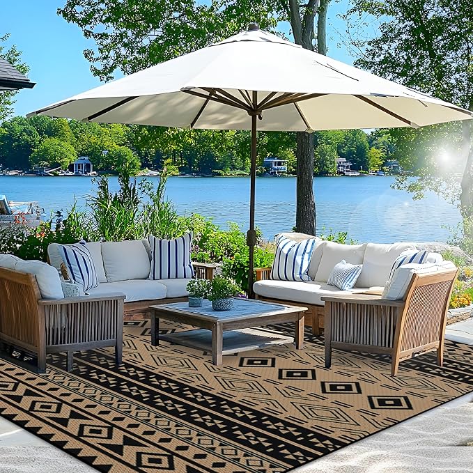 Wallona Outdoor Rugs 5x8 ft Patio Waterproof Clearance Indoor Outdoor Carpet for Patio Plastic Straw Reversible Area Rugs Mat for RV, Camping, Balcony, Beach, Picnic, Porch, Boho Black & Brown