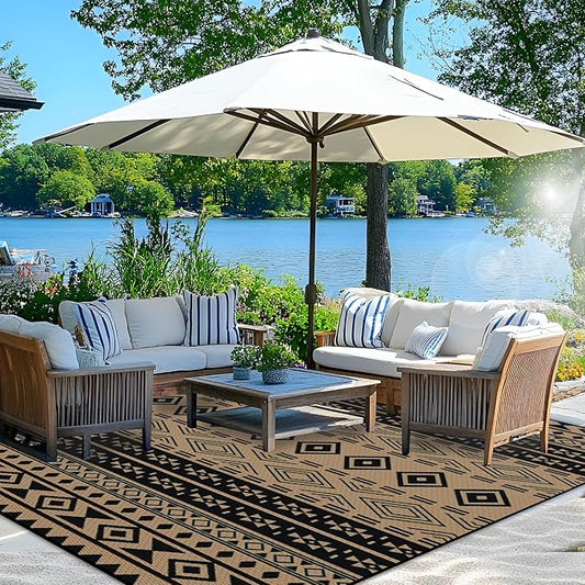Wallona Outdoor Rugs 5x8 ft Patio Waterproof Clearance Indoor Outdoor Carpet for Patio Plastic Straw Reversible Area Rugs Mat for RV, Camping, Balcony, Beach, Picnic, Porch, Boho Black & Brown