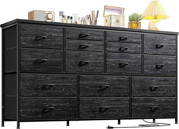 EnHomee Dressser for Bedroom Dresser with 16 Drawers TV Stand for Bedroom for 60" TV Long Dressers & Chests of Drawers Large Dresser with Charging Station, 51.5" W*11.7" D*34.6" H, Charcoal Black