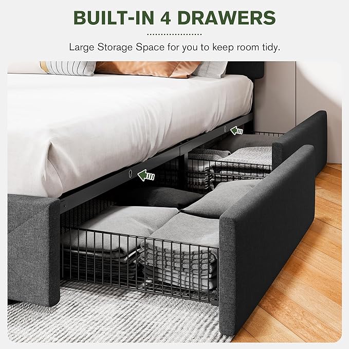 MUTICOR King Size Bed Frame with 4 Storage Drawers, Upholstered Platform Bed with Button Tufted Adjustable Headboard, No Box Spring Needed, Easy Assembly, Diamond Tufted, Dark Grey Fabric