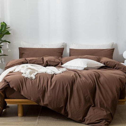 MooMee Bedding Duvet Cover Set 100% Washed Cotton Linen Like Textured Breathable Durable Soft Comfy (Solid Cocoa Brown, Super Queen 90"x98")