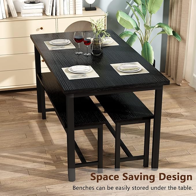 Lamerge Kitchen Table Set with 2 Benches 4 Person Dining Room Table Set for Home Kitchen, Dining Room, Restaurant, Space Saving, Black, 43.3''L x23.6''W x28.5''H (43B)