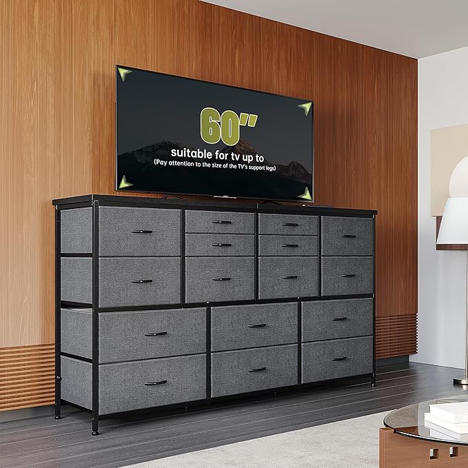 EnHomee Dressser for Bedroom Dresser with 16 Drawers TV Stand for Bedroom for 60" TV Long Dressers & Chests of Drawers Large Dresser with Charging Station, 51.5" W*11.7" D*34.6" H, Grey