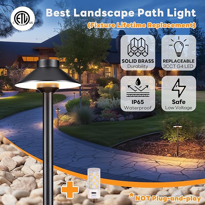 Outdoor Brass Pathway Lights, 2700K/3000K/4000K Adjustable Low Voltage Landscape Path Lighting Wired, 12v Walkway Light LED Waterproof, Black for Outside Garden Yard with G4 Bulb (4 Pack)