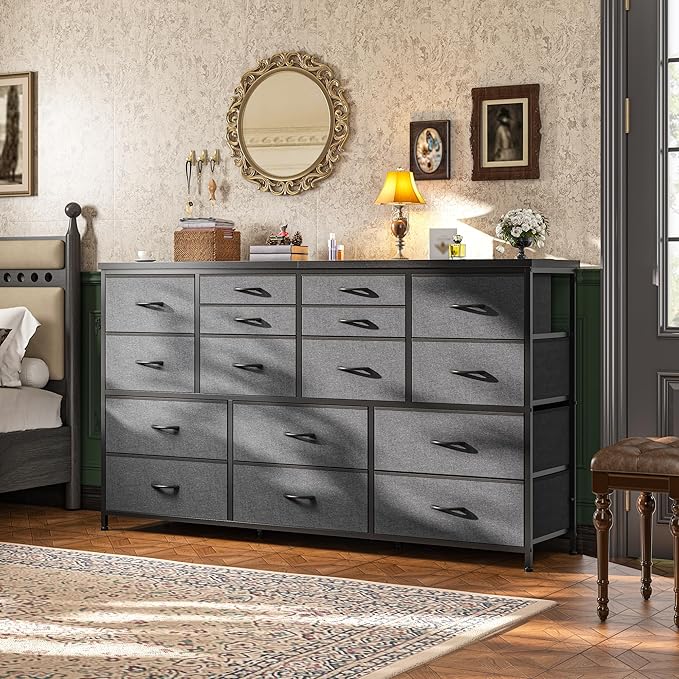 Dresser for Bedroom with 16 Fabric Drawers Long Dresser with Charging Station TV Stand for 60" TV Dressers & Chest of Drawers for Bedroom, Living Room, Closet, Grey