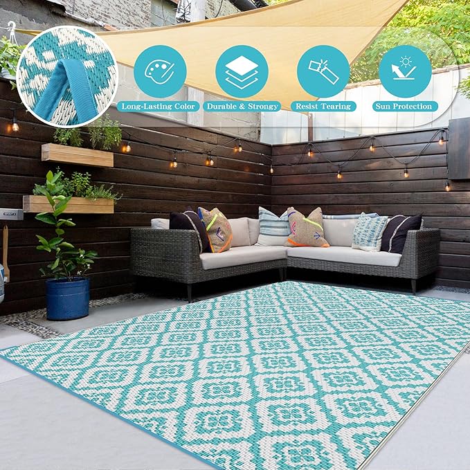 Wallona Outdoor Rugs 9x12 ft Patio Waterproof Clearance Indoor Outdoor Large Carpet for Patio Plastic Straw Reversible Area Rugs Mat for RV, Camping, Balcony, Beach, Picnic, Porch, Brick Green & White