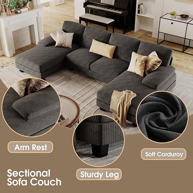 Furmax Sectional Couches for Living Room, U-Shaped Sofa Couch with Linen Fabric, 4 Seat Sofa Set with Double Chaise for Apartment (Corduroy, Dark Grey)
