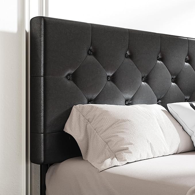 MUTICOR King Size Bed Frame with 4 Storage Drawers, Upholstered Platform Bed with Button Tufted Adjustable Headboard, No Box Spring Needed, Easy Assembly, Diamond Tufted, Black Leather