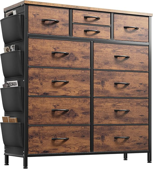 EnHomee Dresser for Bedroom with 12 Drawers, Tall Dressers & Chest of Drawers with Side Pockets, Fabric Dresser for Bedroom, Closet, Hallway, Living Room, Sturdy Metal Frame, Wood Top, Rustic Brown