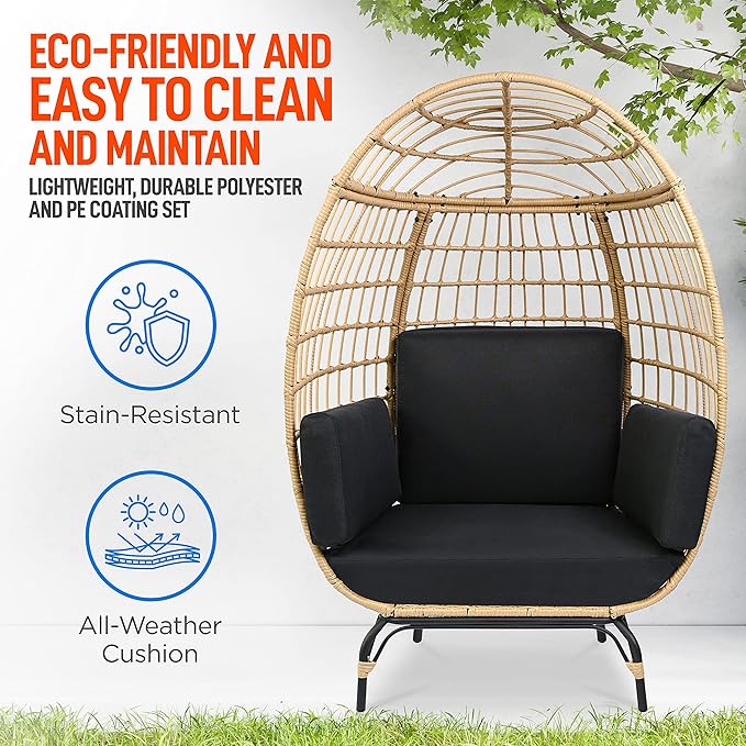 SereneLife Black Wicker Rattan Egg Chair for Indoor and Outdoor Use - Comfy Sofa Chair with 4 Washable Cushions, Durable Powder-Coated Steel Frame, Stylish Ribbed Back, Supports up to 440lbs