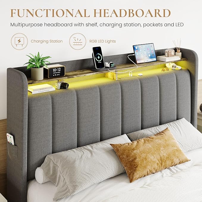 SHA CERLIN Queen Platform Bed Frame with Vertical Channel Tufted Wingback Headboard & 2 Storage Drawers/2-Tier Shelves with LED Lights & Charging Station/Noise-Free/No Box Spring Needed/Dark Grey
