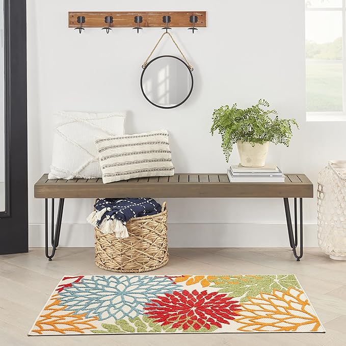 Nourison Aloha Indoor/Outdoor Green 3' x 5' Area Rug, Tropical, Botanical, Easy Cleaning, Non Shedding, Bed Room, Living Room, Dining Room, Deck, Backyard, Patio (3x5)