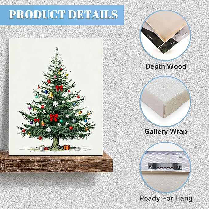 Framed Christmas Pictures Wall Decor,Vintage Pine Tree Prints,Winter Christmas Canvas Wall Art Decoration for Bedroom Bathroom Living Room Rustic Xmas Holiday Gifts (Christmas Tree 8, 24'' X 36'')
