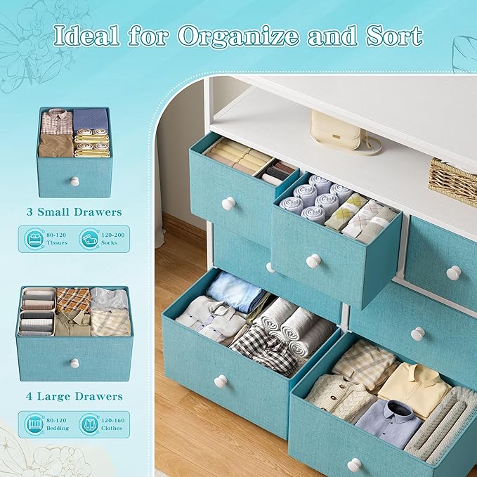 EnHomee Dresser for Bedroom with 7 Drawers and 2 Shelves，Tv Stand for Bedroom，Green Small Dresser for Closet，Hallway，Entryway，Dormitory，Clothing Storage
