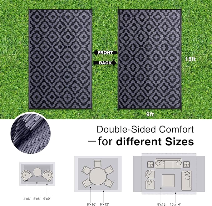 OLANLY Waterproof Outdoor Rug 9x18 ft, Outdoor Plastic Straw Rug for Camping, RV Mat Outside, Indoor Outdoor Carpet for Porch, Deck, Backyard, Balcony, Picnic, Black & Grey