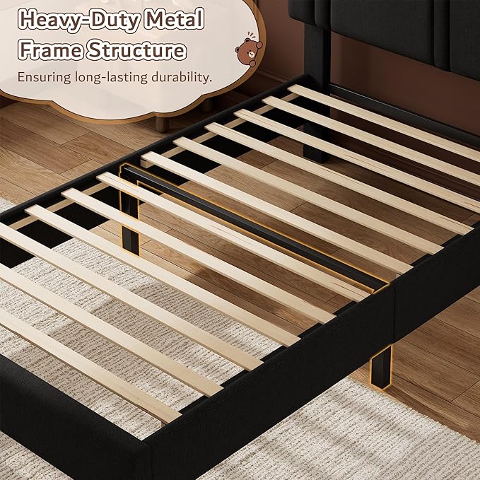 iPormis Twin Platform Bed Frame with Fabric Upholstered Headboard & Thickened Legs, Mattress Foundation with Solid Wooden Slats Support, No Box Spring Needed, Noise Free, Black