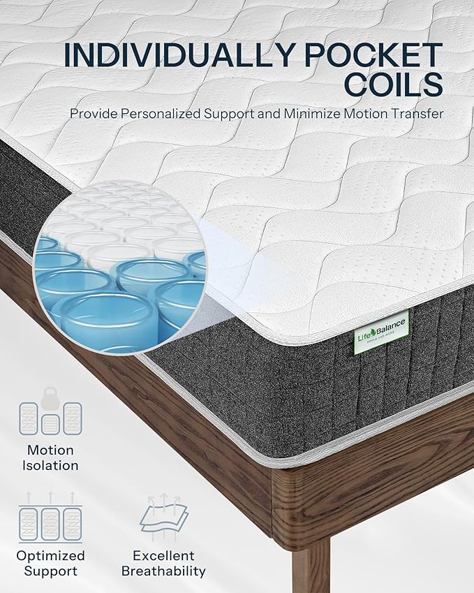 Life Balance Hybrid Queen Mattress 12 Inch, Made in USA, Medium Firm, Individual Pocket Coils & Supportive Foam， Motion Isolation & Pain Relief, Mattress in a Box, CertiPUR-US Certified, CE-12-Q