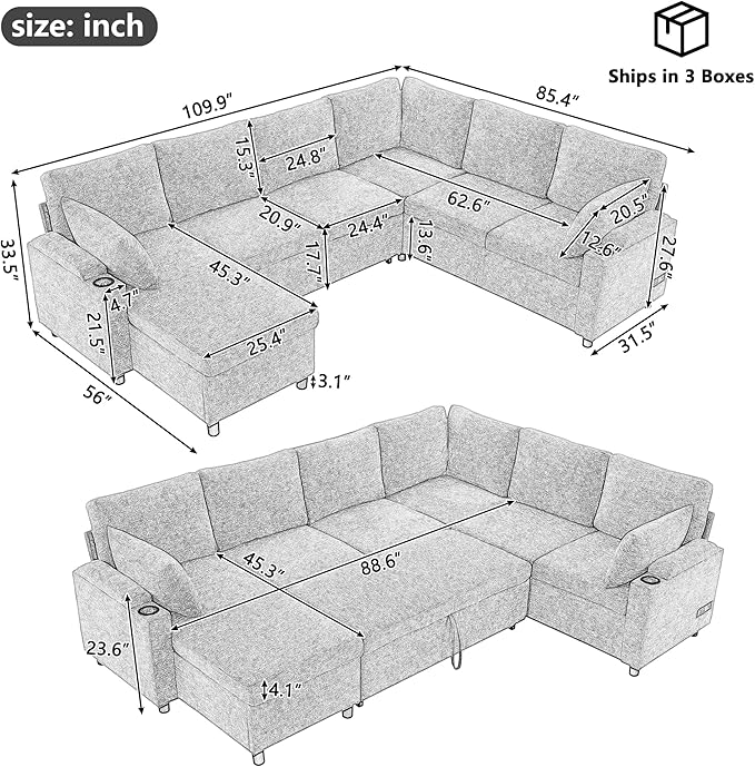 Ball & Cast 109.9" Sectional Sofa with Pull Out Bed, Chenille Upholstered Sleeper Sofa bed with Storage Chaise, Convertible U Shaped Couch with Two Cup Holders and Charging Ports for Living Room, Grey