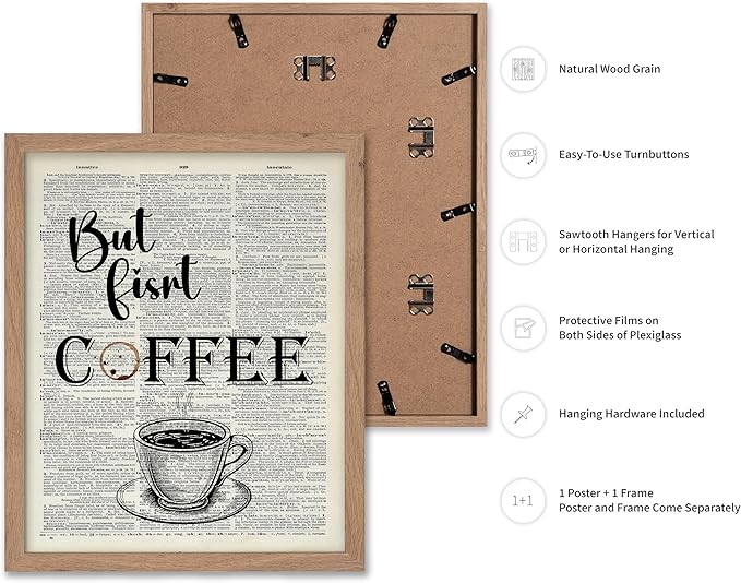 Poster Master Dictionary Art Poster - But First Coffee Print - Cafe Art - Gift for Men, Women, Coffee Lovers & Barista - Funny Decor for Kitchen, Restaurant or Dining Room, 11x14 Beige Framed