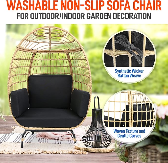 SereneLife Jovial Wicker Rattan Egg Chair,Indoor Outdoor Black Sofa Chair for Patio Backyard and Living Room with 4 Cushions and Powder Coated Steel Frame,Woven Texture Contemporary Ribbed Back Design