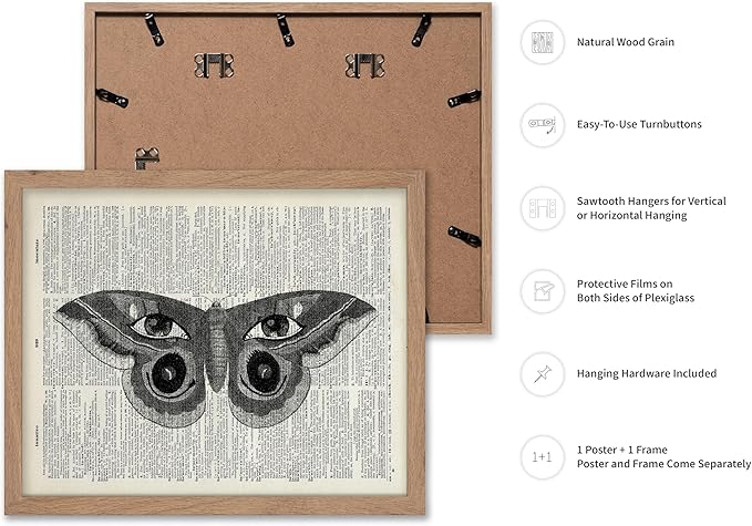 Poster Master Dictionary Art Poster - Butterfly Print - Eyes on Wings Art - Insect Art - Gift for Men, Women & Animal Lover - Gothic Decor for Living Room, Bedroom or Dorm, 11x14 Beige Framed