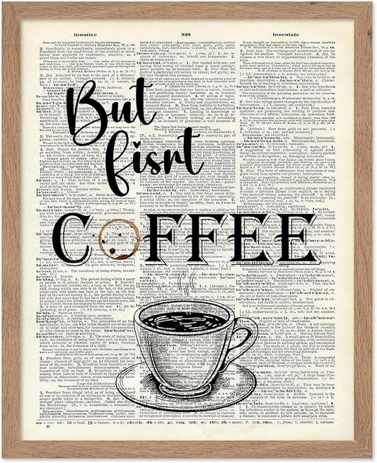 Poster Master Dictionary Art Poster - But First Coffee Print - Cafe Art - Gift for Men, Women, Coffee Lovers & Barista - Funny Decor for Kitchen, Restaurant or Dining Room, 8x10 Beige Framed