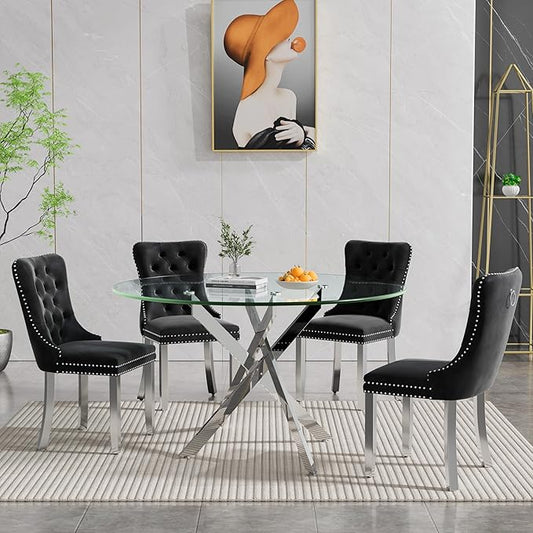 Goujxcy Round Dining Table Set for 4, Modern Glass Kitchen Table and Chairs Set of 4, 5-Piece Dining Room Table Set w/47 Circle Silver Glass Dining Table and 4 Upholstered Velvet Chairs