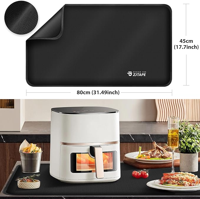 Heat Resistant Mat for Air Fryer Site - 31.5 x 17.7in, Fireproof Silicone Mats for Kitchen Counter, Countertop Protector, Non-slip & Waterproof for Deep Fryer, Oven, Coffee machine (Black)